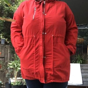 Red Zip & Button Front Utility Jacket